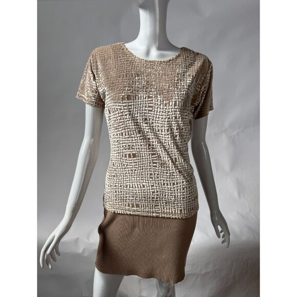 Barami Womens M Short-Sleeve Textured Top Beige Cream Woven Pattern Rayon/Polyes - Picture 15 of 15